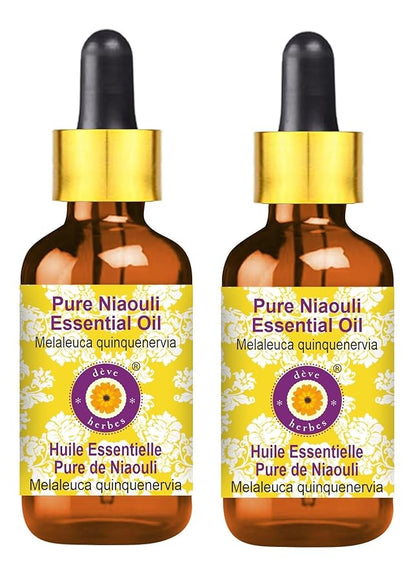 Deve Herbes Pure Niaouli Essential Oil (Melaleuca quinquenervia) with Glass Dropper Steam Distilled (Pack of Two) 100ml X 2 (6.76 oz)
