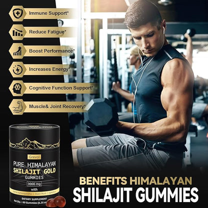 Grevol Himalayan Shilajit Gummies: Gold Grade Shilajit Riched with Ashwagandha Fulvic Acid & 85+ Trace Minerals - No Added Sugar - Individually Wrapped - for Men & Women - 60 Gummy