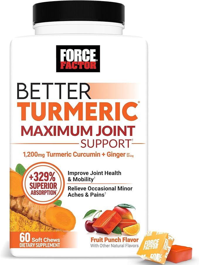 Force Factor Better Turmeric Maximum Joint Support, 1075mg Curcumin with Ginger to Support Mobility, Flexibility & Comfort, Chews More Convenient Than Turmeric Gummies, Fruit Punch, 60 Soft Chews