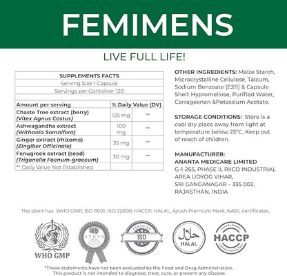 FEMIMENS – PMS Support Supplement for Women – PMS Relief for Women & Menstrual Cramp Relief – Hormonal Balance for Women – Chasteberry Vitex, Ashwagandha, Ginger, Fenugreek – 120 Vegan Capsules