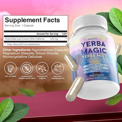 Yerba Magic Yerba Mate Capsules - 100% Pure Extract, High Potency Energy & Focus - 75mg Clean Caffeine Yerba Mate Pill, No Jitters, No Fillers - Unsmoked, South American Sourced - 60 Day Supply