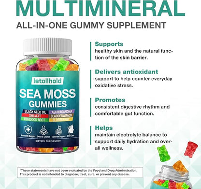 Sea Moss Gummies - Irish Sea Moss Gummies Advanced for Adults with Ashwagandha Bladderwrack & Burdock Root for Supports Immune，Energy - 60 Vegan Gummy,2PCS