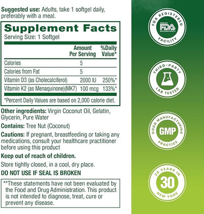 HealthA2Z® Vitamin D3 (2,000 IU) + K2 (MK-7) Made with Virgin Coconut Oil (Natural MCTs) - 90 Softgels (Pack of 1) - Helps Calcium Absorption for Bones, Teeth, Mood & Immune Health