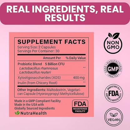 Vaginal Probiotic + Prebiotic for Women – Supports pH Balance, Yeast & Odor – with Lactobacillus rhamnosus, reuteri – Gut & Feminine Health – 60 Capsules