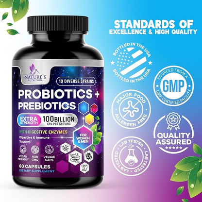 Probiotics 100 Billion CFU Per Serving - 10 Probiotic Strains & Prebiotics - Digestive Gut Health, Immune Support & Occasional Constipation, Gas & Bloating - Daily Supplement For Adults - 60 Capsules