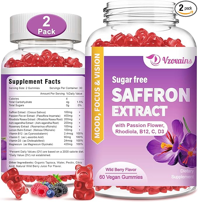 Saffron Gummies, 10 in 1 Saffron Supplements Gummies with Magnesium, Ashwagandha & Rhodiola Rosea, Sugar Free Vegan Mixed Berry Flavor - 2 Pack 120Cts