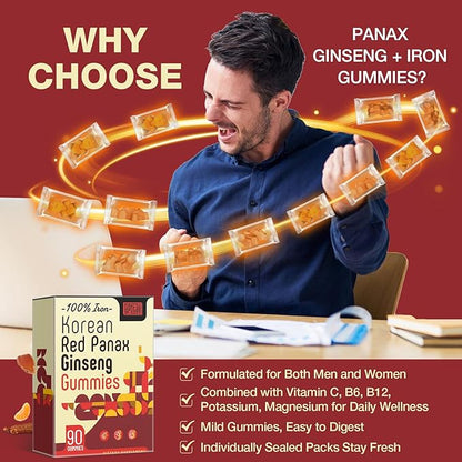 Sapotax Korean Red Panax Ginseng Supplement Gummies - Iron Supplements for Women & Men - Iron Gummies with Vitamin C, B6, B12, Potassium & Magnesium, Vegan - 90 Count