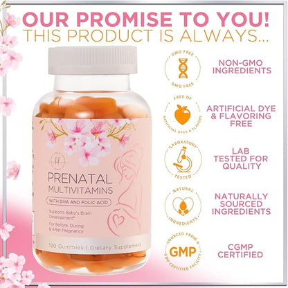 Prenatal Vitamins for Women – Complete Pregnancy Multivitamin - Folic Acid, Omega 3 DHA, Choline, Vitamin D – Essential Support for Mom's & Baby Brain Development - Tasty Orange Flavor - 120 Gummies