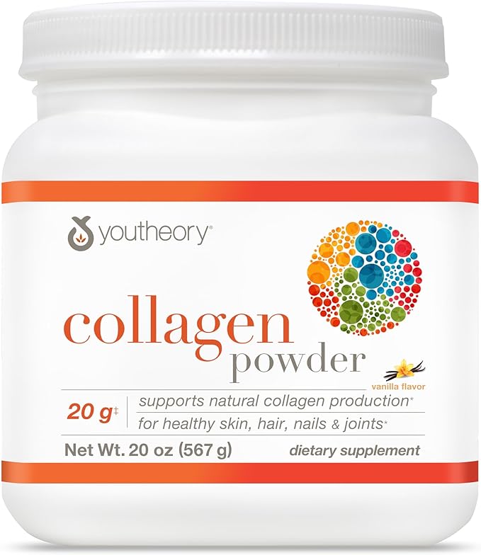 Youtheory Collagen Powder - 20 g Hydrolyzed Collagen Peptides - with Vitamin C, Biotin & Amino Acids - Supports Joint & Bone Health* - Bioavailable Nutrition - Vanilla - 20 oz (21-Day Supply)