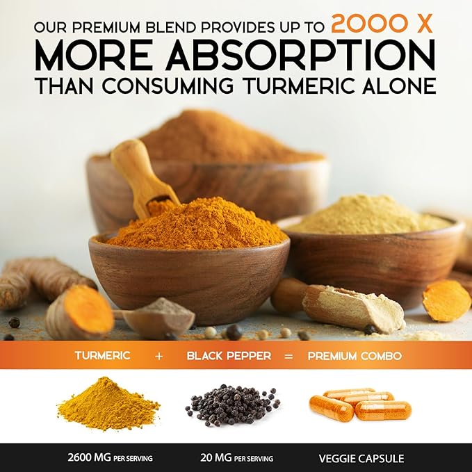 Turmeric Curcumin Supplement 2600mg - 95% Curcuminoids with Organic Turmeric & BioPerine Black Pepper for Best Absorption, Nature's Vegan Joint Support, Non-GMO Tumeric, Bottled in USA - 120 Capsules