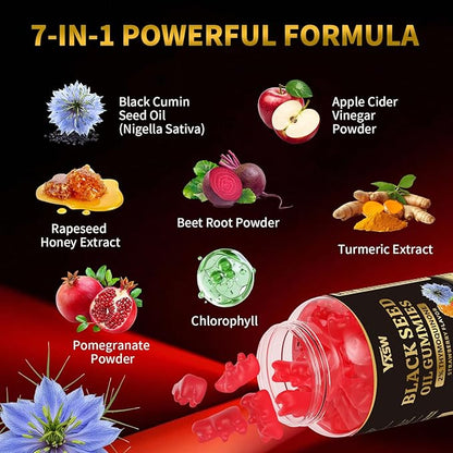 Black Seed Oil Gummies 500mg with Honey and 2% Thymoquinone, Nigella Sativa Seeds for Boost Immune Health, Joints, Digestion, Hair & Skin, Strawberry Flavor, 120 Count