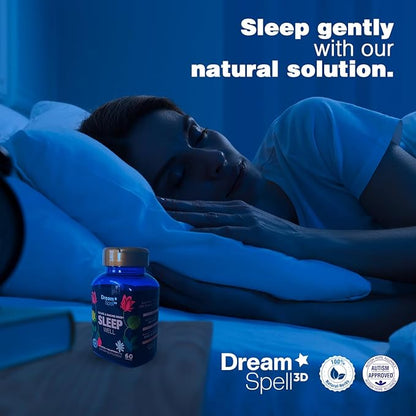 Dream Spell 3D Natural-Based Sleep Aid - Soothes an Alert Mind, No Next-Day Grogginess- Drug-Free Innovative Formula with 3Mg Melatonin, GABA, Hops - Restful Nights, Refreshed Mornings - 60 Capsules