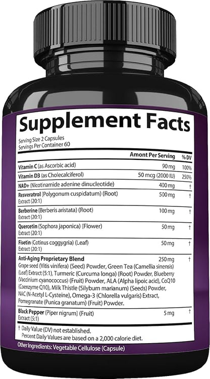 NAD Resveratrol Supplement for Women & Men. Support Cellular Health, Energy + Healthy Aging. Advanced Formula, Plus Third-Party Lab Tested in USA (120 Capsules)