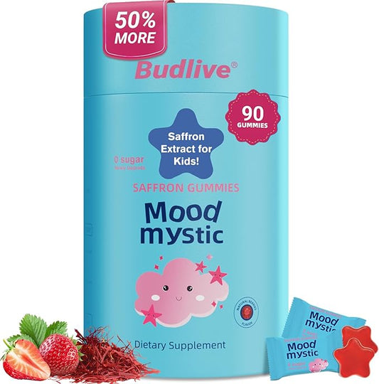 Saffron Gummies for Kids - Saffron Extract Supplement with GABA, Calms Temper Tantrums, Supports Happy Mood & Cognition, Focus Calm Gummies for Kids 4+, Sugar Free Strawberry, 90 Counts