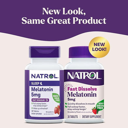 Natrol Fast Dissolve Melatonin 5 mg, Melatonin Supplements for Restful Sleep, Sleep Support for Adults, 30 Strawberry-Flavored Tablets, Up to a 30 Day Supply