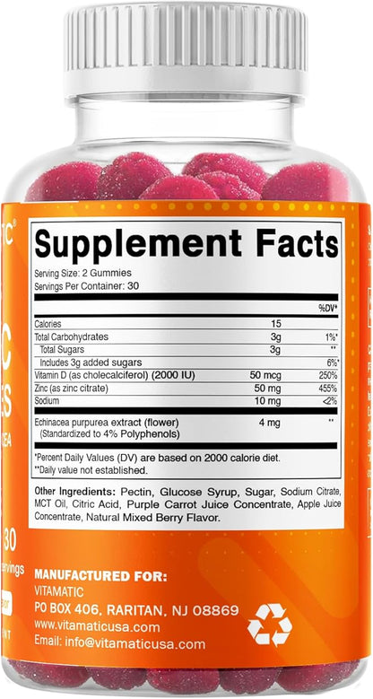 Vitamatic Zinc 50mg Gummies – 60 Vegan Gummies Gluten Free – Healthy Immune Support for Adults, Men & Women