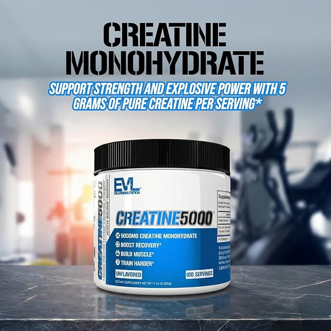 Evlution Nutrition Creatine 5000 - Supports Faster Recovery, Lean Muscle Growth & Performance - Pre & Post Workout Powder - 5000mg Pure Creatine Monohydrate Per Serving - 100 Servings - Unflavored