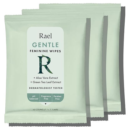 Rael Feminine Wipes, Flushable, Travel Size, All Skin Types, Daily Use (Gentle, 10 Count Pack of 3)