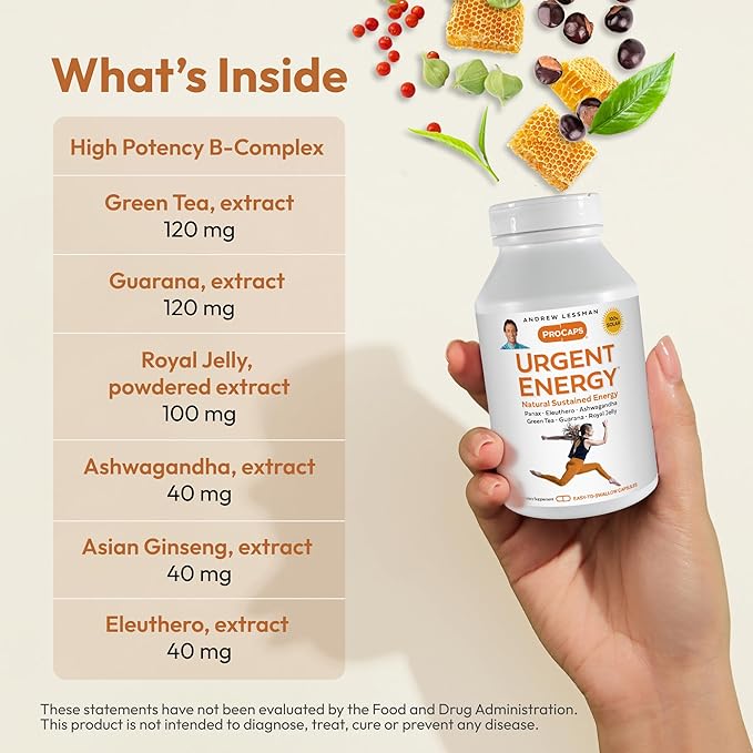 ANDREW LESSMAN Urgent Energy 60 Capsules - Provides a Safe, Healthy Means of Enhancing Energy Levels and Feelings of Well-Being, Green Tea, Guarana, Ginseng, Royal Jelly, Ashwagandha, B-Complex