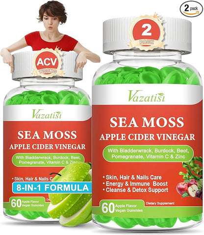 2 Pack Apple Cider Vinegar Gummies, ACV with Sea Moss Gummies for Metabolism, Digestion, Detox, Gut & Immune Health, Apple Flavored -120 Count
