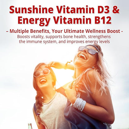 NEVISS 2Pack Vegan Vitamin D3 + Vitamin B12 Gummies, High Potency D3 5000IU & 1000 mcg Methylated B12, Vitamin D3 and B12 for Adults, Support Bone Health, Immune & Energy Supplement, 120 Count