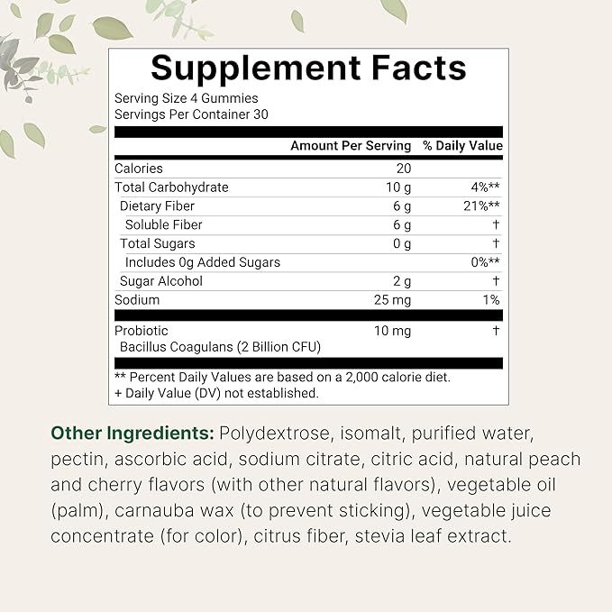 Micro Ingredients Fiber Gummies with Probiotics, 120 Count | 6g Per Serving + 2 Billion CFU | Sugar Free Peach Cherry Flavor | High Fiber Supplement for Women & Men | Non-GMO, Gluten Free