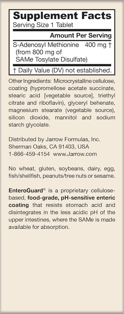 Jarrow Formulas SAMe Supplement 400 mg - 60 Tablets - High Concentration of Active S,S Form - Supports Joint Health, Liver Function, Brain Metabolism, Balanced Mood & Antioxidant Defense - 60 Servings