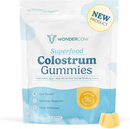 WONDERCOW Colostrum Gummies for Gut Health, Immune Support & Wellness | Natural IgG Whole Bovine Colostrum Supplement, 1,000mg per Serving (45 Gummies (15 Servings), Vanilla Cream)