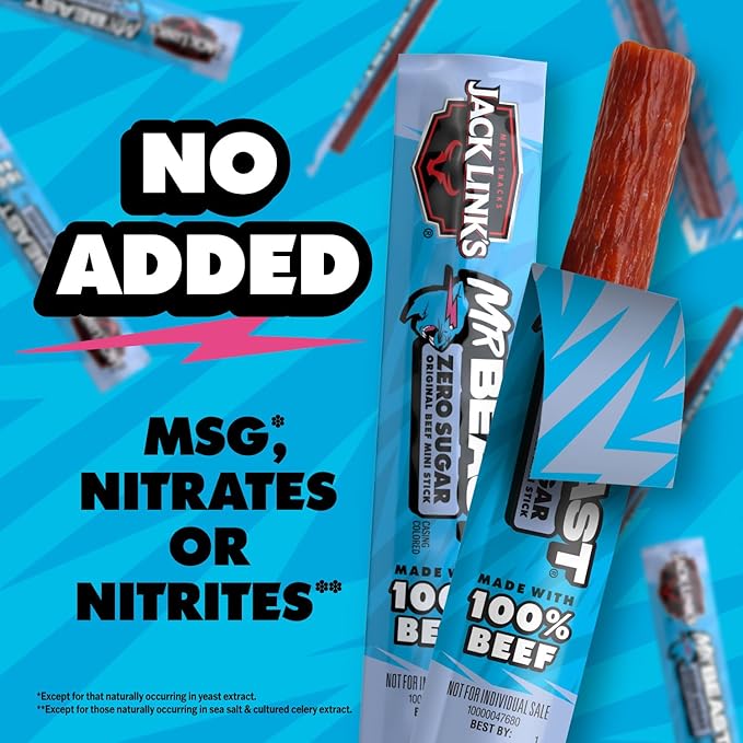 Jack Link’s x MrBeast Beef Sticks, Zero Sugar Mini Beef Sticks, As Seen on Beast Games, 6g Protein, Made with 100% Real Beef, Pantry-Ready Snacks, 12 Count