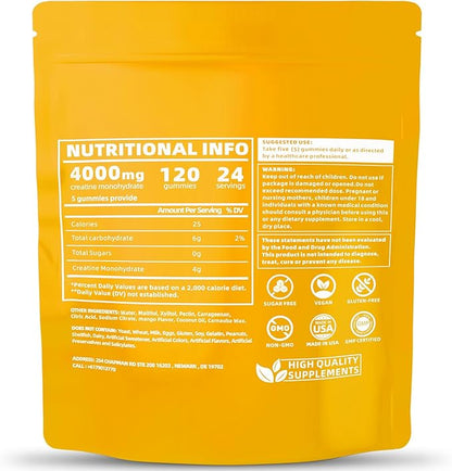 Flavored creatine monohydrate Gummies Sugar Free,Pre Workout Supplements creatine Gummies for Men&Women,Gym Supplements,Supports Muscle Growth,Recovery,Strength,Energy Boost（120 Count）-Mango