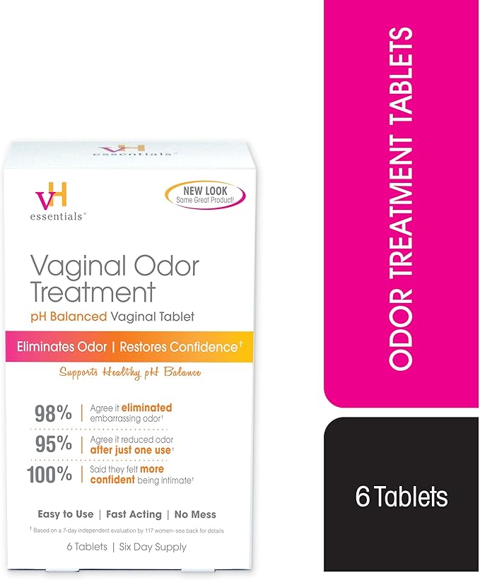vH essentials Vaginal Odor Treatment - pH Balanced Vaginal Suppositories - 6 Tablets With Applicator, White