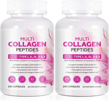 2 Pack Multi Collagen Peptides Capsules with Biotin, Vitamin C & Hyaluronic Acid – Contains extracts Such as Eggs and Fish！！！