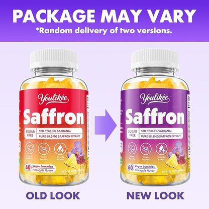 2 Pack Saffron Gummies 88.5mg - Saffron Supplements with Magnesium, Rhodiola Rosea, Ashwagandha, L-Theanine, Vitamins D3 & B6, Zinc - Supports Antioxidant Function, Pineapple Flavor, 120 Count