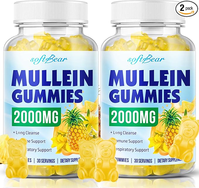 softbear 2PCS Mullein Gummies for Lungs, 2000mg Mullein Leaf Extract Supplement for Respiratory & Digestive & Immune Support, Organic, Vegan, Sugr-Free, Pieneapple Flavor 120 Count