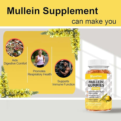 Mullein Gummies, 2000mg Organic Mullein Leaf Extract with Quercetin, Bromelain & Vitamin D3, Mullein Leaf Extract for Respiratory, Natural Lung Cleanse, Improve Appetite, Vegan, Non-GMO, 1 Pack