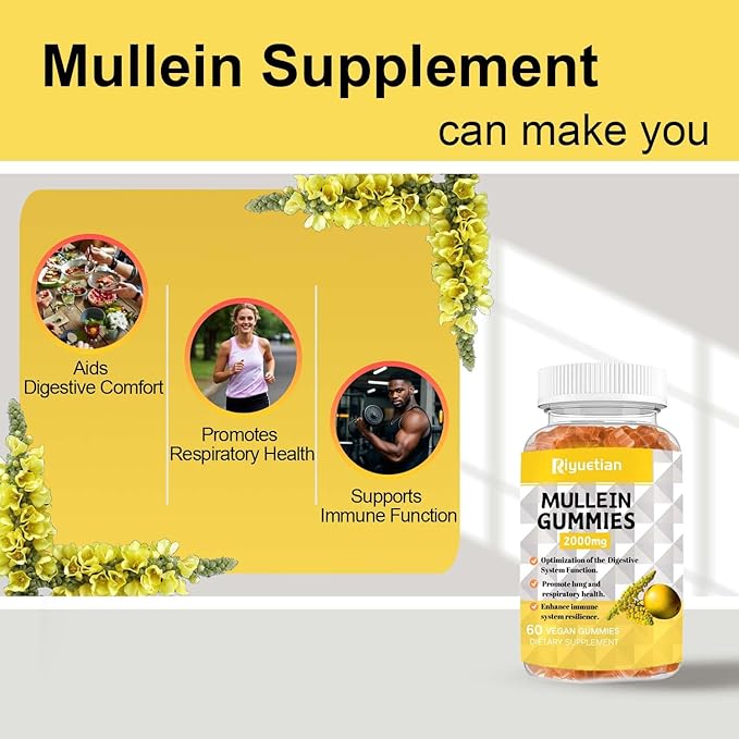 Mullein Gummies, 2000mg Organic Mullein Leaf Extract with Quercetin, Bromelain & Vitamin D3, Mullein Leaf Extract for Respiratory, Natural Lung Cleanse, Improve Appetite, Vegan, Non-GMO, 2 Pack