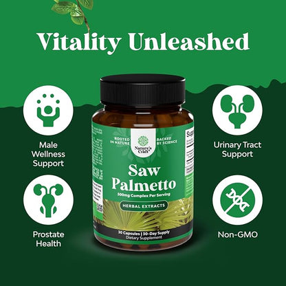 Extra Strength Saw Palmetto Extract - Advanced Herbal Complex for Hair Health and Urinary Support with Plant Sterols & Flavonoids - Potent Herbal Supplement with 500mg per Serving - 30 Count