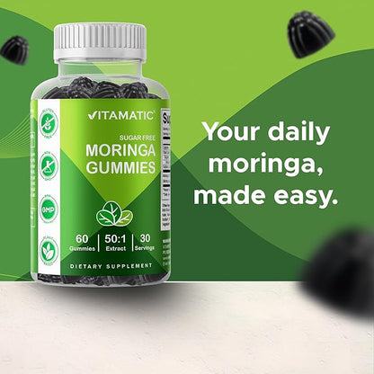 Vitamatic 2 Packs Moringa Gummies – Sugar-Free Botanical Extract – Green Superfood Supplement – Vegan, Pectin-Based, Non-GMO – Plant-Based Gummies – 60 Count