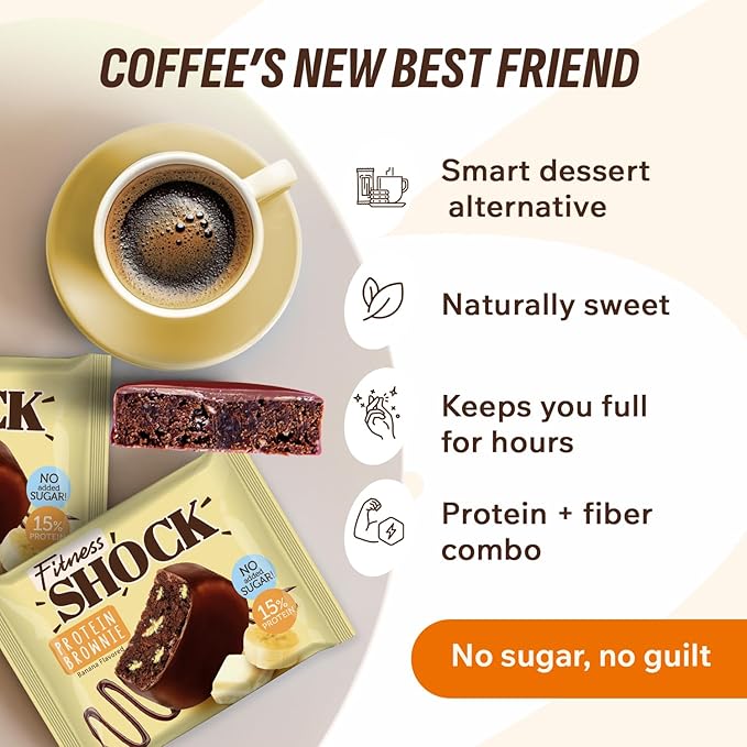 Fitness SHOCK Banana Protein Brownie - No Added Sugar, 7.5g Protein, Low Carb Guilt-Free Dessert - 0g Added Sugar, 10g Net Carbs, 5g Fiber, Non-GMO, Almond Flour - 10 x 50g