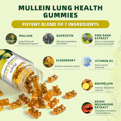 Catfit (120 pcs) Mullein Gummies for Lungs Detox &Lymphatic Drainage,Mullein Leaf Extract,Quercetin&Elderberry for Respiratory & Immune Support,Vegan, Pineapple Flavor, (2 Pack)