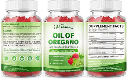 Oil of Oregano with Black Seed Oil, 2-in-1 Black Seed Oil Supplement for Women & Men Support Antioxidant Health, Sugar Free & Vegan Raspberry Herbal Gummies, 120 Count