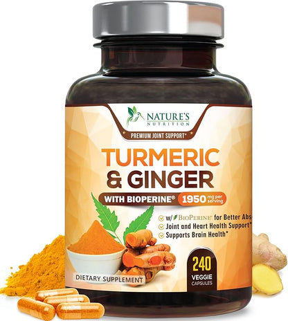 Turmeric Curcumin Supplement - 95% Curcuminoids with Organic Turmeric & Ginger, BioPerine Black Pepper Extract for Best Absorption, Natural Vegan Joint Support, Non-GMO, Bottled in USA - 240 Capsules