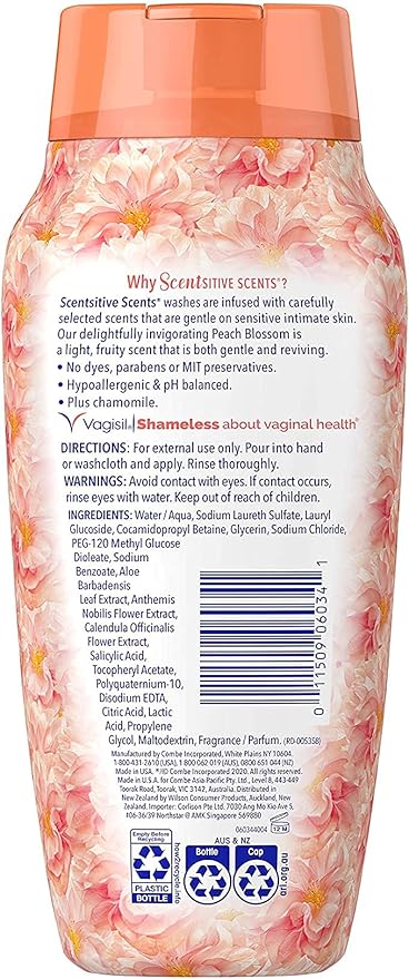 Vagisil Feminine Wash for Intimate Area Hygiene, Scentsitive Scents, pH Balanced and Gynecologist Tested, Peach Blossom, 12 oz (Pack of 1)