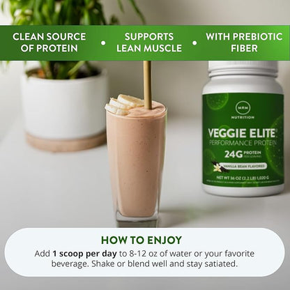MRM Veggie Elite Performance Protein - Vanilla Bean, Plant-Based Powder, 24g Protein per Serving with BCAAs & Digestive Enzymes, Clinically Tested - Vegan, Gluten-Free - 30 Servings