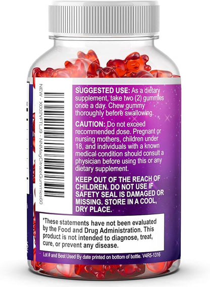 Magnesium Citrate Gummies for Adults & Kids - High Absorption Magnesium Supplements - Premium Calm, Relaxation, Muscle, Nerve, Bone & Heart Support - Great-Tasting Vegan Gummy Supplement - 60 Gummies