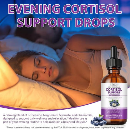 Cortisol Supplements for Women and Men with Magnesium, Ashwagandha, L-Theanine, 10 in 1 Cortisol Detox Manager Reducer, Hormone Balance Liquid Drops - Mood, Focus, Sleep - Blueberry Flavor(2.02 fl.oz)