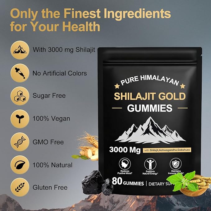 Shilajit Gummies for Men & Women, Rich in Ashwagandha & Gokshura, Fulvic Acid & 85+ Trace Minerals Micronutrient Supplement for Energy & Wellness, 100% Pure Organic Natural - 80 Gummies