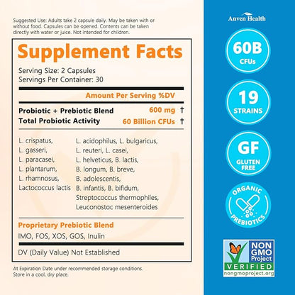 60 Billion Probiotics for Women and Men 19 Strains 5 Organic Prebiotics for Gut Digestive & Immune Health, Supports Diarrhea Gas Bloating, Vegan Probiotic Supplement Formula丨120 Caps