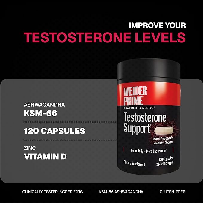 Weider Prime Testosterone Support - Men's Nutrition - Enriched with Vitamins & Minerals - with Ashwagandha, Chromax Chromium, Bioperine & Zinc - Gluten Free - 120 Capsules