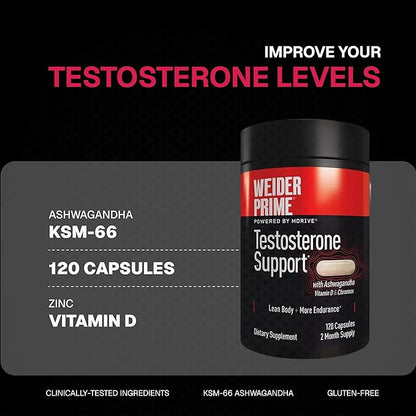 Weider Prime Testosterone Support - Men's Nutrition - Enriched with Vitamins & Minerals - with Ashwagandha, Chromax Chromium, Bioperine & Zinc - Gluten Free - 120 Capsules